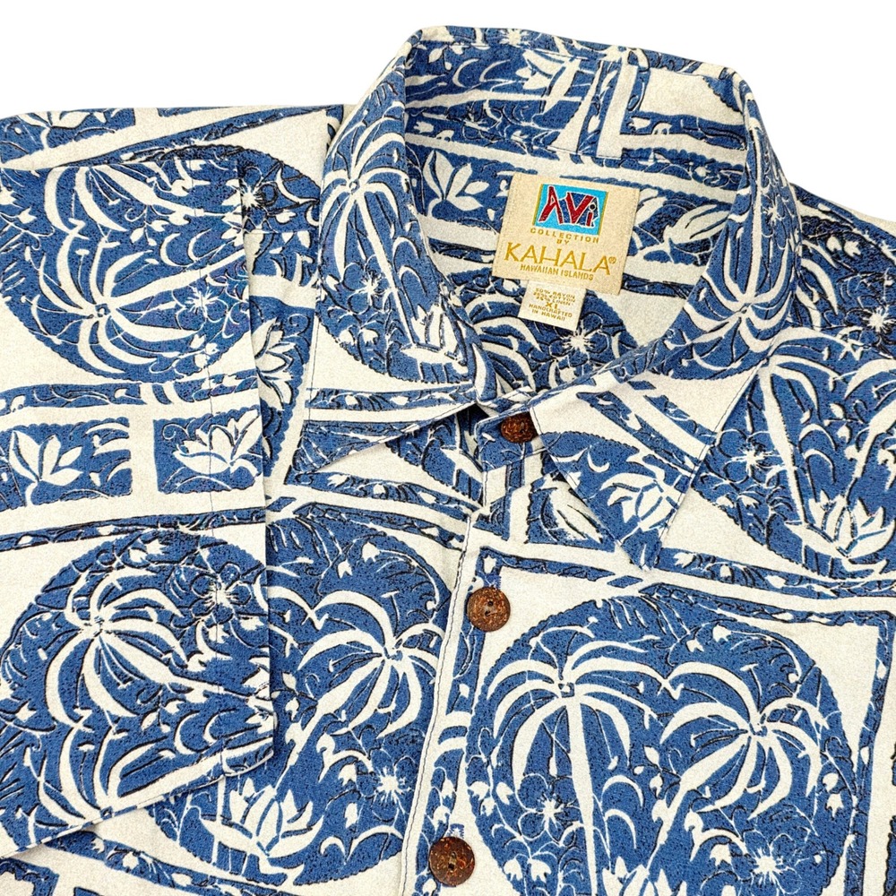 Kahala Hawaiian Shirt Men XL Blue White Palm Tree Rayon Linen Cotton AVI Aloha